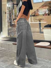 EURMUSE RueChic 100% 纯棉复古水洗 Y2K 高腰休闲阔腿裤，带原始斜口袋，适合日常休闲户外穿着 - 灰色 - 查看 2