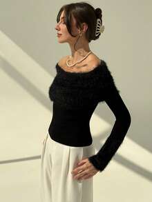 Aloruh Áo len chui đầu tay dài hở vai hở vai phong cách tiệc tùng dành cho nữ, dáng ôm, dáng thu đông, hở vai, họa tiết chắp vá mềm mại - màu đen - Xem 4