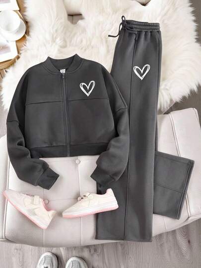 Tween Girl Autumn/Winter Thermal Lined Casual Fashion Campus Street Style Sporty Sweatshirt Jacket With Graffiti & Heart Print, Zip-Up Bomber Knit Patchwork Cropped Hoodie, Matching Relaxed Straight Leg Sweatpants 2 Pieces Outfit, Dark Grey Back To School Set Fall