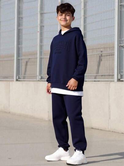 SHEIN 2pcs/Set Teenage Boys Casual Letter Slogan Print Hoodie Sweatshirt And Pants Set, Solid Color Basic Versatile, Suitable For Commuting, School, Daily Casual, Travel, Outdoor Party, Sports, Autumn/Winter Hoodie And Sweatpants Set Boys Casual Two Piece Set Boys Hoodie And Sweatpants Set Boys Sweatsuit Teen Boys 2 Piece Outfit