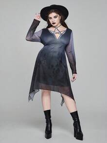 ROMWE Gothic Dark Forest Tombstone Cross Print Mesh Pentagram Lace-Up Collar Plus Size Women Waist Cinched Asymmetric Hem Dress - Black - View 8