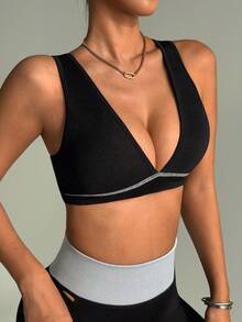 SHEIN Dewbera 1 Áo ngực thể thao khoét sâu gợi cảm màu đen dành cho nữ, Áo ngực tập yoga màu tương phản - màu đen - Xem 4