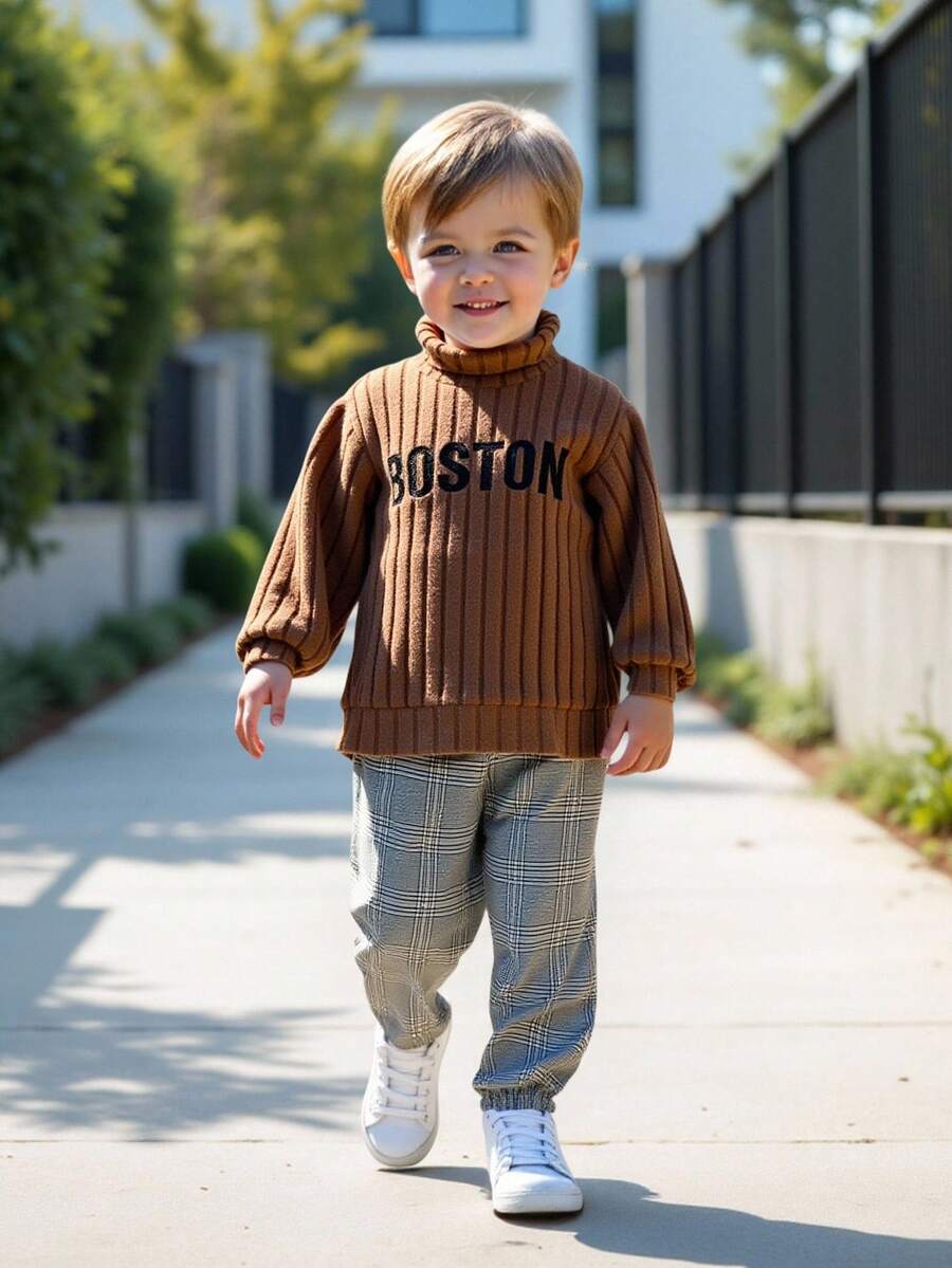 2 件套年轻男童休闲学院风舒适时尚简约实用纹理面料长袖上衣和格子长裤，适合开学第一天，儿童服装，小男孩服装，开学返校男童套装，男童日常、学校、旅行、运动、秋冬服装 - 彩色 - 查看 1