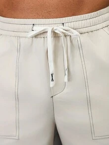 Manfinity CasualCool 米色男士抽绳腰带工装口袋休闲宽松裤 男士宽松直筒休闲裤 米色裤子 男士工装裤 白色工装裤 男士街头风裤子 - 米色 - 查看 6