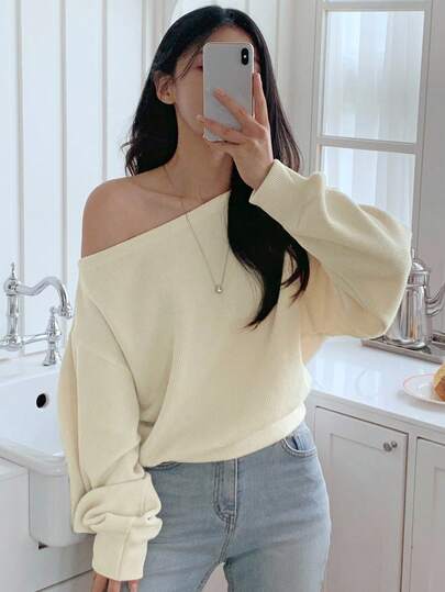 DAZY 女士休闲宽松纯色不对称肩长袖T恤露肩上衣可爱上衣