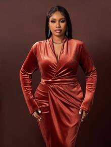 Veslaya 2025 秋冬新款大码女装连衣裙/秋冬服装/乡村音乐节服装/婚礼嘉宾/约会之夜/女士约会之夜连衣裙/优雅/盛大/派对/性感修身可可棕色天鹅绒褶皱腰V领喇叭袖短裙 - 棕色 - 查看 7