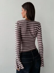 Aloruh Áo thun dài tay ôm sát họa tiết sọc cổ chữ V sâu gợi cảm dành cho nữ, mùa thu/đông - Nhiều màu - Xem 2