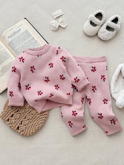 Blossori Baby Girls' French Elegant Floral Jacquard Sweater & Pants Set Autumn Winter Clothes FGirlmen