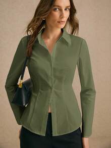 2026 Camisa casual elegante de mangas largas para mujer, con cintura con cordón y botones delanteros, de algodón, para oficina y trabajo, ropa formal para mujer de negocios, adecuada para ocasiones formales en el lugar de trabajo, salidas elegantes, estilo de sirena de oficina - Verde militar - Ver 2
