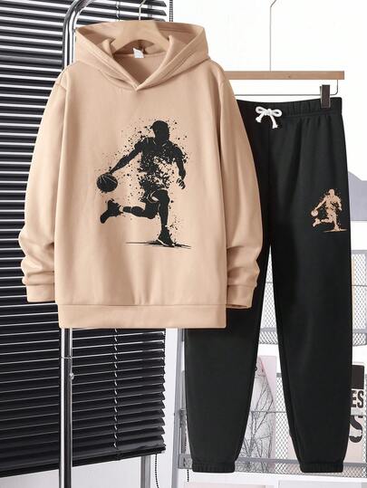 SHEIN 2pcs/Set Teen Boys Casual Basketball Player Graphic Print Khaki Hoodie And Black Drawstring Pants Set, Thermal Lined, Suitable For Autumn/Winter, Warm, Suitable For Sports, School, Home, Simple And Versatile Daily Wear,Winter Clothing,Fall Outfits,Fall Clothing,All Clothes For Kids,Black Pants,