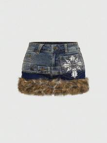 ROMWE Grunge Punk Y2K Baddie Cross Wing Embroidery Multi-Layer Waistband Design Leopard Print Frayed Hem Super Low-Rise Mini Denim Skirt - Blue - View 1