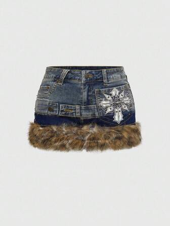 Grunge Punk Y2K Baddie Cross Wing Embroidery Multi-Layer Waistband Design Leopard Print Frayed Hem Super Low-Rise Mini Denim Skirt
