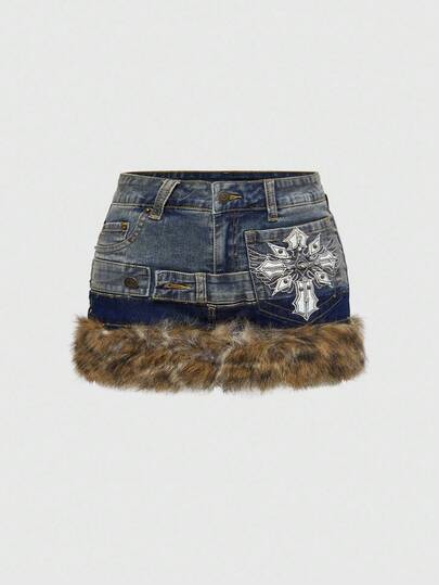 ROMWE Grunge Punk Y2K Baddie Cross Wing Embroidery Multi-Layer Waistband Design Leopard Print Frayed Hem Super Low-Rise Mini Denim Skirt