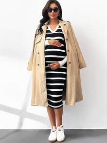 MaterniWear Pregnant Women's Casual Commuting Black & White Striped V-Neck Fitted Sweater Dress, Autumn/Winter  Winter Dress Elegant Dresses For Women  Black Dress   Winter - Black and White - View 2