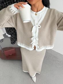 SHEIN 2件套少女渐变色蝴蝶结针织休闲基本款服装，秋冬