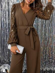 Gownix Women's Elegant Sequin Lantern Sleeve Surplice Neck Belted Jumpsuit, Suitable For Party In Autumn/Winter - Coffee Brown - View 5