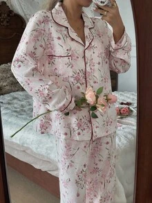 CottageSlumber 花卉印花撞色滚边睡衣套装 浅粉色睡衣套装 粉色花卉睡衣套装 花卉睡衣套装 复古睡衣套装 秋冬服装