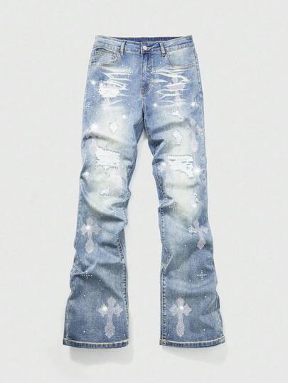 Street Life Men's Fashion Washed Distressed Rhinestone Ripped Jeans