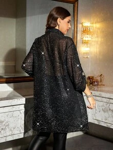 Reflora 大码女式闪亮银色飘逸雪纺面料袖口长袖时尚衬衫，适合圣诞节、秋季、外出、办公室、派对等场合。 - 黑色 - 查看 3