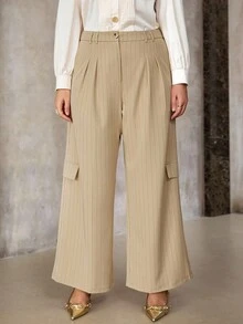 Flirla Pantalones rectos casuales y sueltos de talla grande para mujer, de cintura media con rayas tejidas - Caqui - Ver 6
