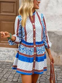 Brillora Vestido corto de mujer estilo casual de vacaciones con estampado de retazos, cuello con abertura, mangas farol, para primavera/otoño