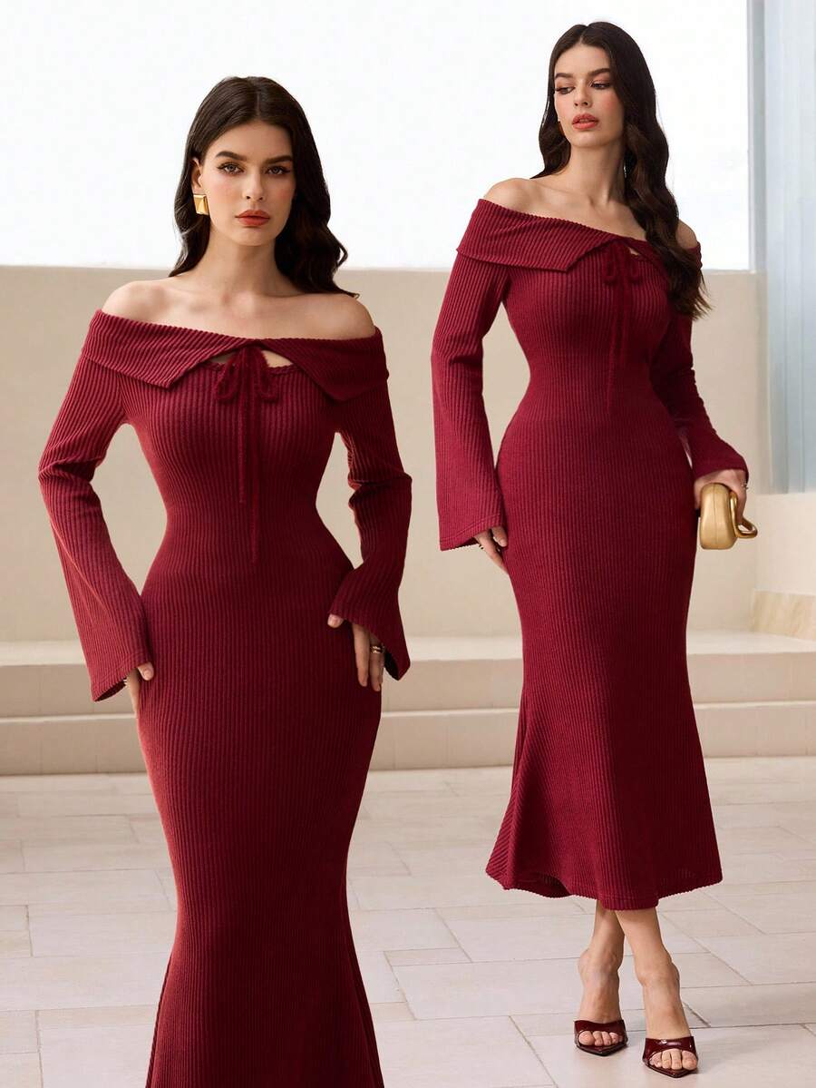 Modelyn Elegante vestido midi de manga larga con cuello, cintura anudada y bajo de cola de pez de punto para mujeres - Rojo - Ver 1