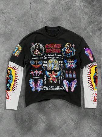 Street Life Camiseta casual de manga larga con personaje religioso 2 en 1 para hombre, otoño