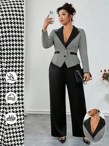 Elenzga Plus Size Elegant Formal Black And White Houndstooth Knit Patchwork Contrast Color Long Sleeve Blazer&Casual Straight Leg Pants 2 Pieces Set,Summer - Black and White - View 1