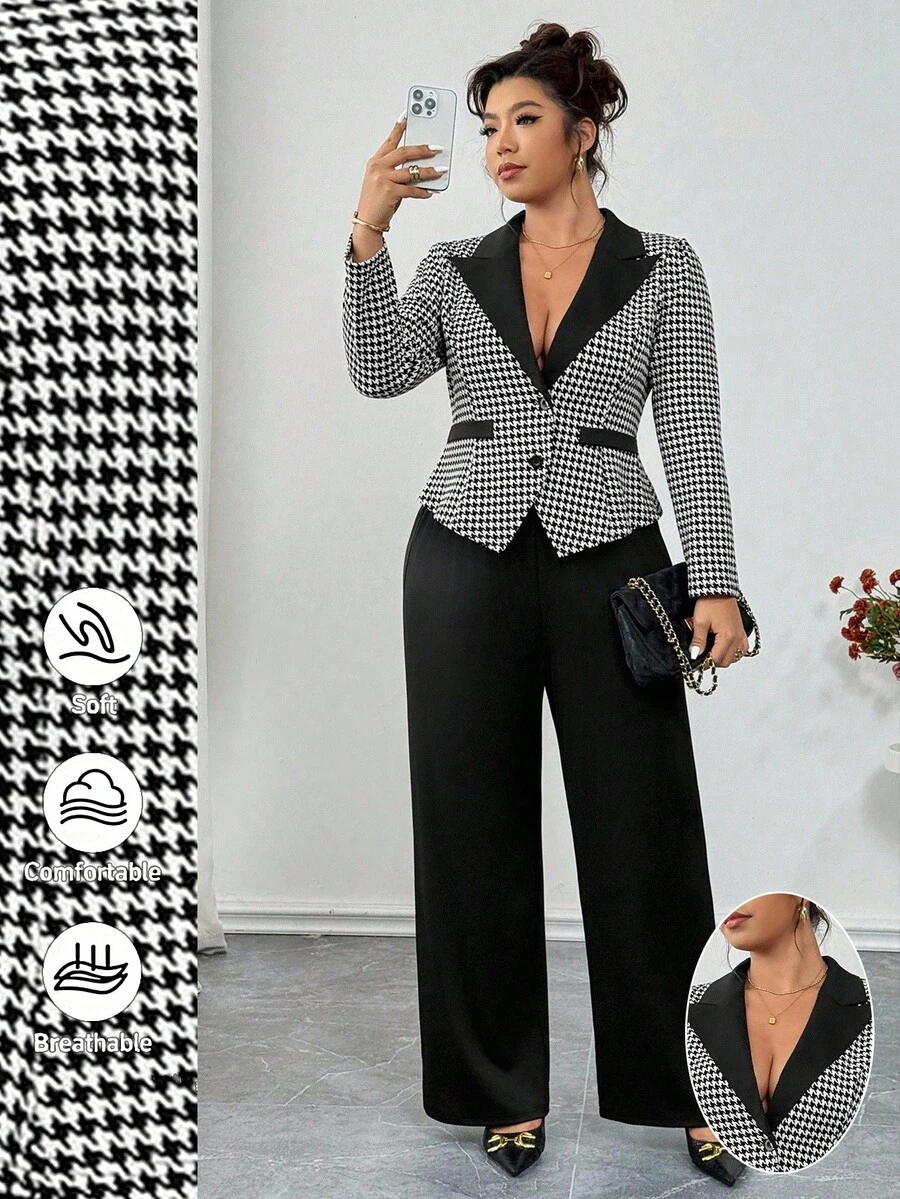 Elenzga Plus Size Elegant Formal Black And White Houndstooth Knit Patchwork Contrast Color Long Sleeve Blazer&Casual Straight Leg Pants 2 Pieces Set,Summer - Black and White - View 1