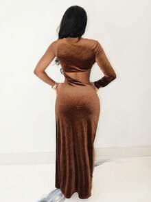 BamGleam Damen Tiefer V-Ausschnitt Langarm Cut Out Seitenschlitz Saum Samt Metallic Blumen Knopf Sexy Kleid - Rostbraun - Übersicht 2