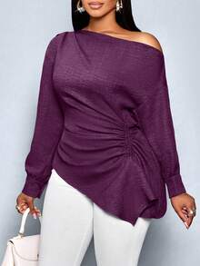 SOLERSUN Women's Plus Size Fall And Winter Solid Color Asymmetric Collar Long Sleeve Side Drawstring Ruched Fashion Blouse,Asymmetric Hem Blue Woven Fabric Shopping And Dating Blouse - Red Violet - View 3