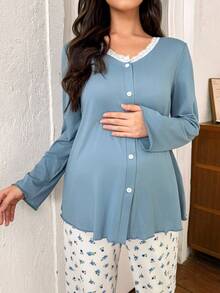 Moonlight&Mama 2pcs Maternity Sleepwear Set - Lace Patchwork Long Sleeve Top & Ditsy Floral Long Pants, Winter - Blue - View 4