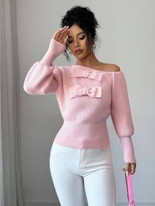 Elenzga Women's Fashion Casual Oblique Collar Bow Pullover Pink Sweater, Christmas, New Year, Thanksgiving Gift