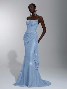 Elitara 优雅华丽的亮片深V领口，可拆卸3D立体水晶花卉装饰，侧边垂坠设计，适合节日、约会、婚礼、毕业典礼、派对、正式场合、婚礼宾客、情人节等场合。 - 淺藍色 - 查看 6