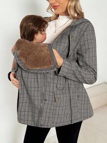 SHEIN Pregnant Women's Plaid Print Thermal-Lined Hooded Pocket 3-In-1 Long Sleeve Jacket, Autumn/Winter Plus Size Jackets Flannels For Women Shackets For Women Fall Women Clothes Maternity Clothes Fall Winter