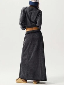 Bohemela 2 件套女士休闲纯色针织圆领长袖宽松运动衫和宽松裙子 - 黑色 - 查看 5