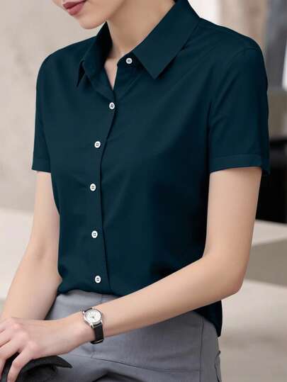 INAWLY Casual effen blouse met korte mouwen voor dames, veelzijdig