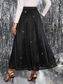 SHEIN Clasi Women's High Waist Shiny Elegant A-Line Midi Skirt Christmas Winter Skirt  New Year  Thanksgiving Party Black  Elegant Luxury - Black - View 5