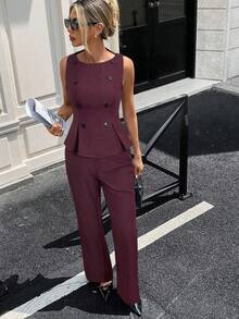 Siren Gaze 女士休闲通勤纯色背心和裤子两件套 - 酒紅色 - 查看 5