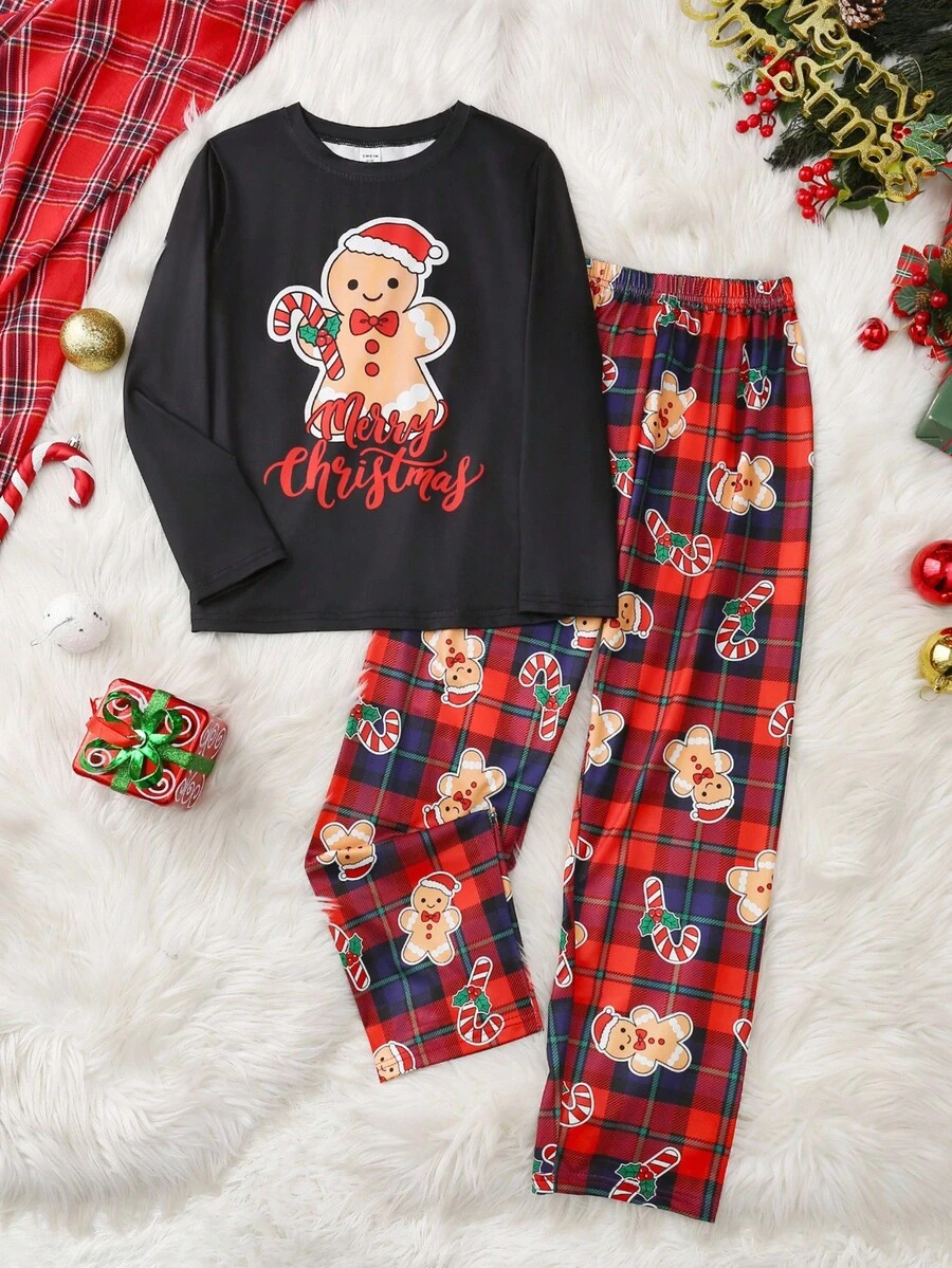 适合青少年女孩的可爱姜饼印花长袖上衣和格子裤睡衣套装，圣诞节礼物 - 彩色 - 查看 1