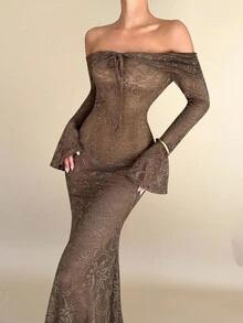 Chiquease 女士透明提花优雅连衣裙 - 咖啡 - 查看 1