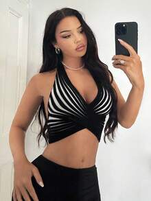 SHEIN SXY Sexy Casual Elegant Black And White Striped Cropped Knitted Top For Women,Halter Tops