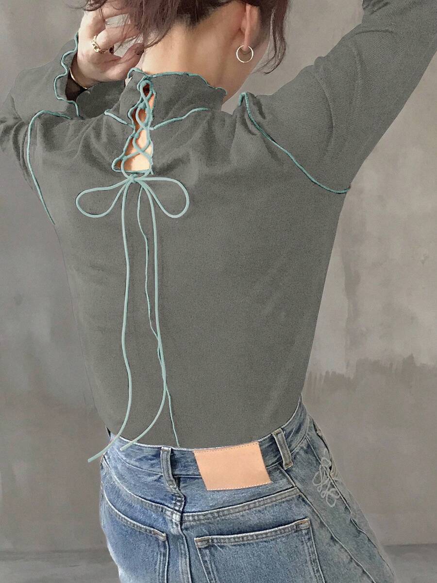 FRIFUL 女式黑色纯色高领长袖撞色滚边后颈抽绳镂空设计修身休闲百搭 T 恤，秋季 - 淺灰色 - 查看 1