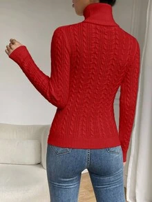 SHEIN LUNE 秋冬休闲纯色高领毛衣 - 紅色 - 查看 2
