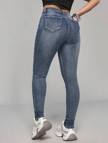 SHEIN PETITE 女式高腰口袋紧身休闲百搭牛仔裤 - 淺色水洗藍 - 查看 2