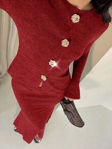 Glamine 简约优雅棕色圆领金属纽扣开衫，女式长袖针织上衣，修身美人鱼下摆仿皮草针织裙，女式两件套，适合姐妹聚会、正式晚宴和派对服装 - 紅色 - 查看 5