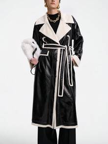 SHEIN Stylify 女式休闲翻领仿皮草饰边束腰撞色饰边长款风衣，秋冬 - 彩色 - 查看 1