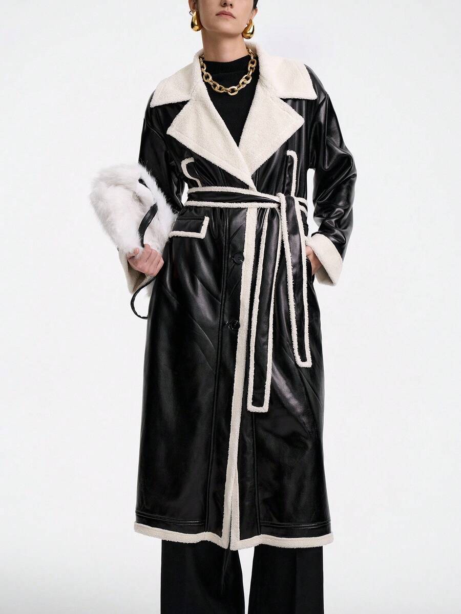 SHEIN Stylify 女式休闲翻领仿皮草饰边束腰撞色饰边长款风衣,秋冬 - 彩色 - 查看 1