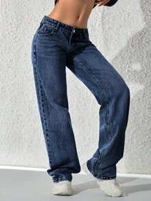 SHEIN ICON Women's Pocket Loose Wide Leg Casual Versatile Jeans - Dark Wash - View 7