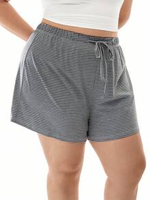 SHEIN EZwear 2 件套休闲条纹加大码女式宽松舒适面料短裤，适合春夏季 - 彩色 - 查看 5